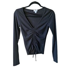 Orange Kiss Womens Long Sleeve Tie Front V-Neck Shirt Black Size S Boho Chic